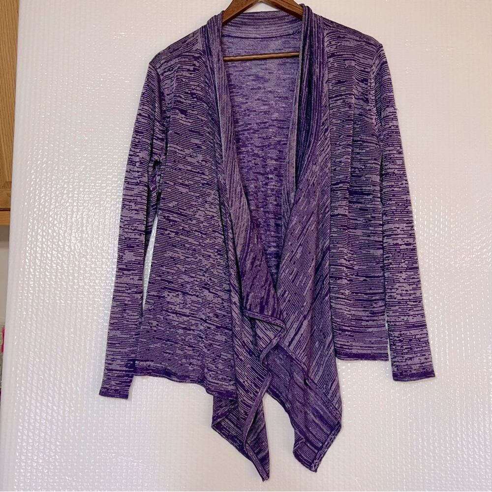 Women’s drape front open cardigan. Purple-two tone. Size L. Great for layering.